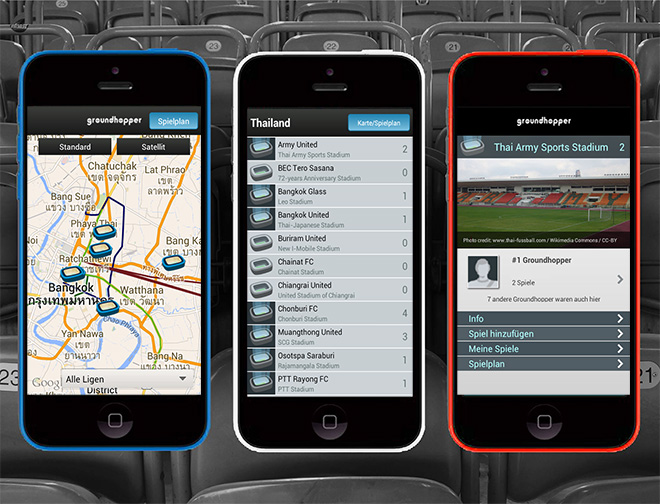 Diverse Screens der App Groundhopper App Screens